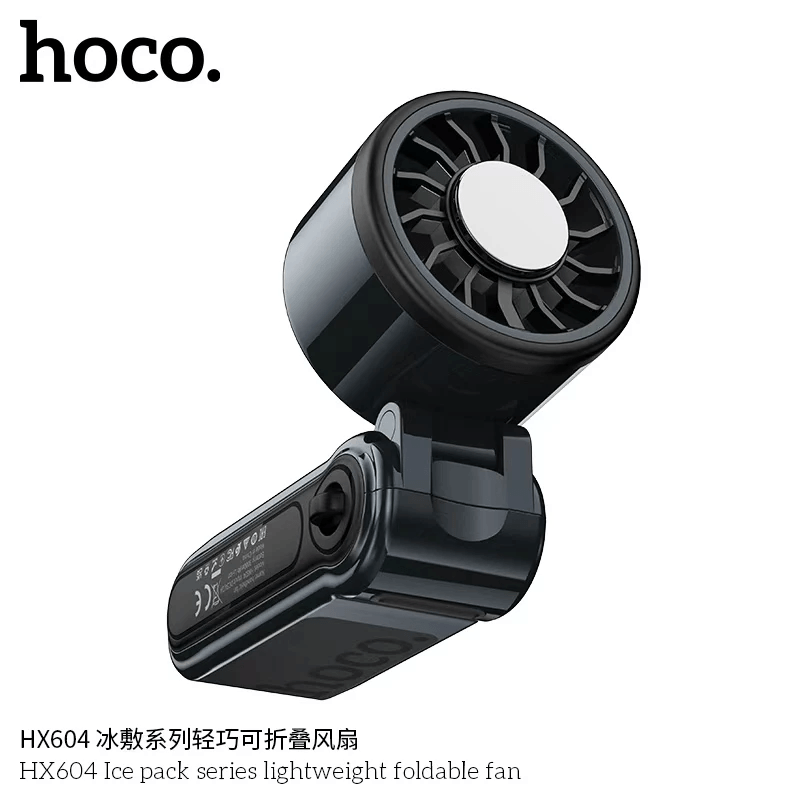 พัดลมพกพา HOCO HX604 สีดำ พร้อมแผ่นทำความเย็น พับได้ 90&deg; ความเร็วมอเตอร์ 10000 RPM แบตเตอรี่ 3000MAH